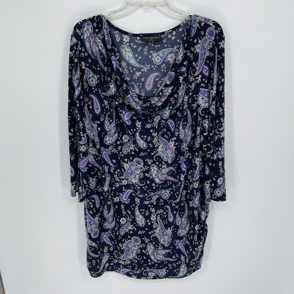 Lane Bryant Women's Navy Paisley Cowl Neck 3/4 Sleeve Top Blouse Size 26-28
